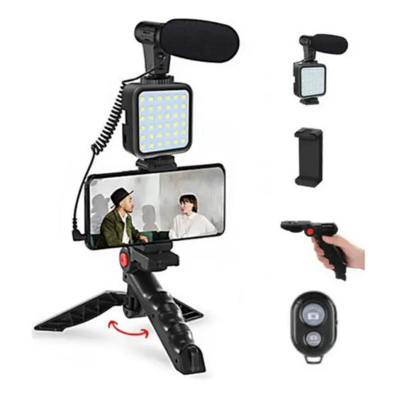 Tripé de Celular Youtuber Vlog Live c Microfone Ring Light Iluminador Integrado Fazer Vídeos e Vlog