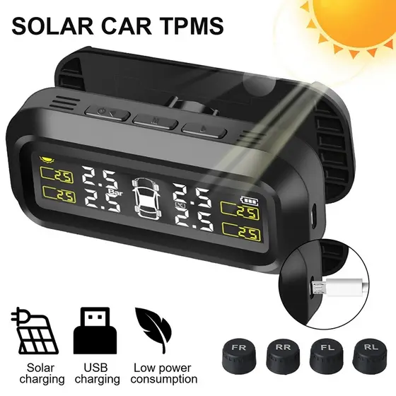 Sistema Solar De Monitoramento De Pressão Dos Pneus TPMS , Aviso De Temperatura , Economia De Combustível Com 4 Sensores