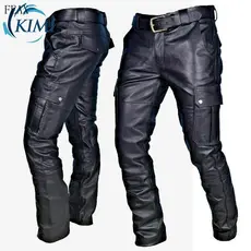 Calças de Motociclista Masculinas GLDS 2026 para Outono, Calças Cargo de Couro PU com Zíper