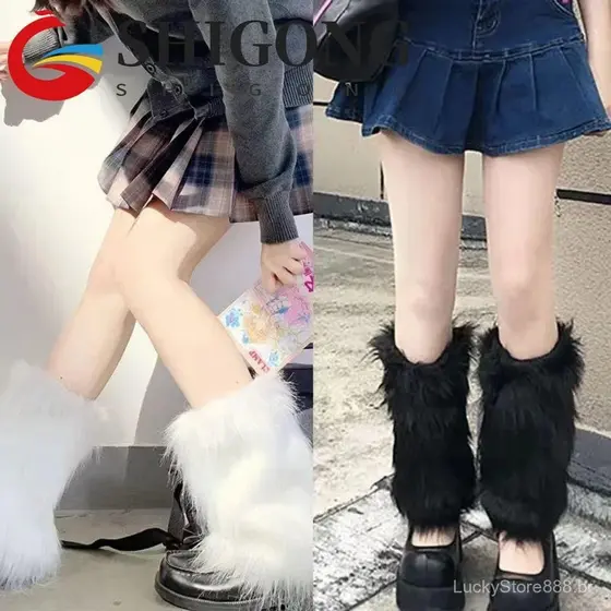 SHIGONG Polainas Peludas, Cobre-Botas Lolita de Pelo Sintético Espesso, Meias de Cano Longo Kawaii Y2K com Laço Branco 9