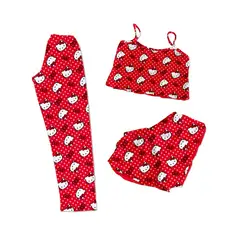 CONJUNTO PIJAMA 3 PEÇAS CALÇA SHORTS E CROPPED PERSONAGENS VERMELHO