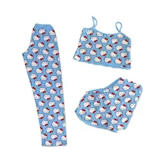 CONJUNTO PIJAMA 3 PEÇAS CALÇA SHORTS E CROPPED PERSONAGENS AZUL