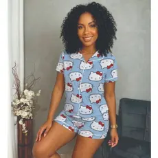 PIJAMA ESTILO AMERICANO BOTÕES CURTO PERSONAGENS AZUL