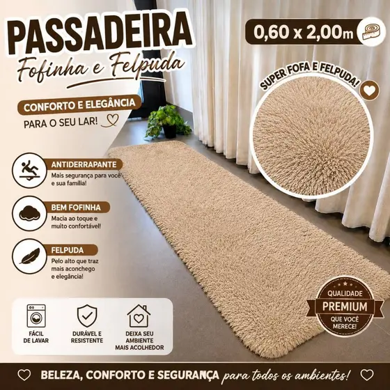 Tapete Passadeira Felpuda Antiderrapante 2,00x0,60 Premium Luxo