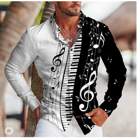 piano Masculino Com Padrão Rítmico Impressão digital 3D Moda casual Camisa social Masculina
