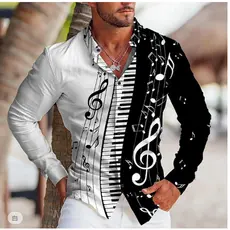 piano Masculino Com Padrão Rítmico Impressão digital 3D Moda casual Camisa social Masculina