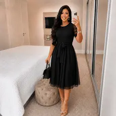 Vestido de Tule Mídi Godê Feminino Casual Elegante