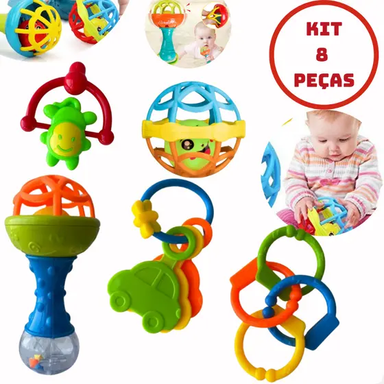 Chocalho Mordedor Bebê Kit 8 Peças Brinquedo Infantil Macio Bola Colorida