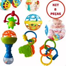 Chocalho Mordedor Bebê Kit 8 Peças Brinquedo Infantil Macio Bola Colorida