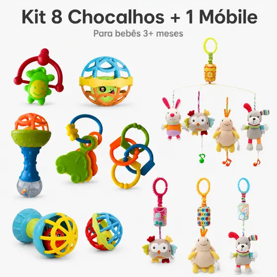 Kit 8 Chocalhos Mordedor + Móbile Pelúcia Macio Brinquedo Sensorial Para Estimulo de Bebê