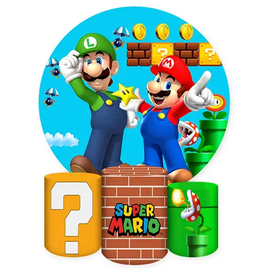 Kit Painel Redondo + Capas de Cilindro Sublimados Para Festa Tema Mario Bros