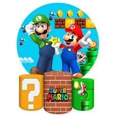 Kit Painel Redondo + Capas de Cilindro Sublimados Para Festa Tema Mario Bros