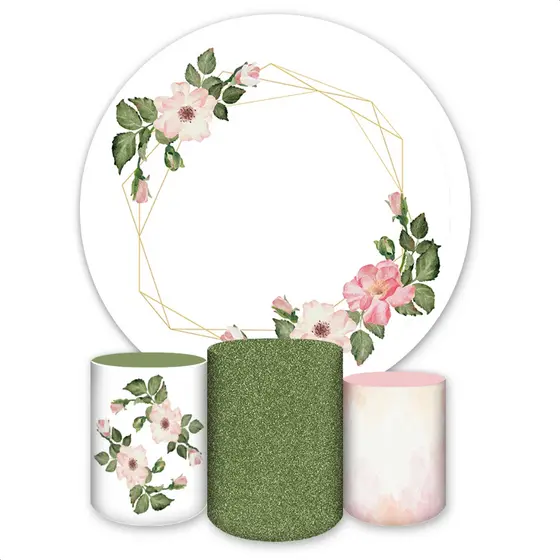 Painel Redondo + Capas de Cilindro Sublimados Para Festa Tema Flores