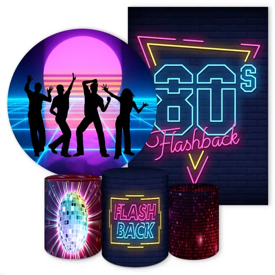 Capas de Painéis, cilindros e Kits completos Sublimados para Festa Tema Anos 80 e Retrô