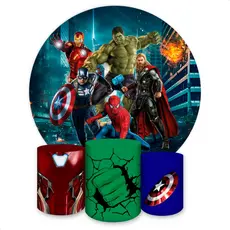 Kit Painel Redondo + Capas de Cilindro Sublimados Para Festa Tema Vingadores