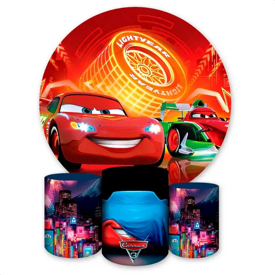 Kit Painel Redondo + Capas de Cilindro Sublimados Para Festa Tema Carros Mc Queen