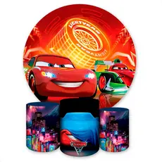 Kit Painel Redondo + Capas de Cilindro Sublimados Para Festa Tema Carros Mc Queen