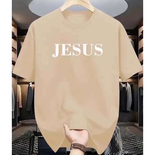 Camiseta Masculina Solta com Estampa de Jesus - Respirável,Confortável para o Verão,com Letras Elegantes Gola Redonda