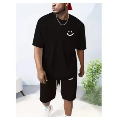 Kit Masculino 2 peças smiley face impresso esportes casuais manga curta camiseta shorts conjunto esportivo casual