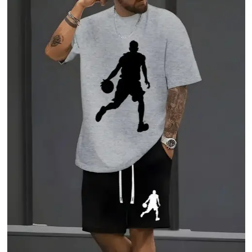 Conjunto de Camiseta Manga Curta com Estampa de Silhueta de Basquete e Shorts com Cordão