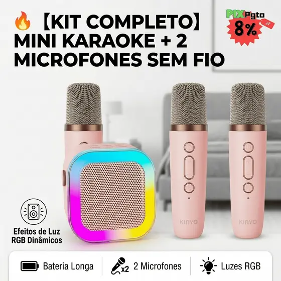 【KARAOKÊ PORTÁTIL】🎤Caixa de Som Bluetooth com 2 Microfones, Luzes LED e Efeitos de Voz para Festas e Família