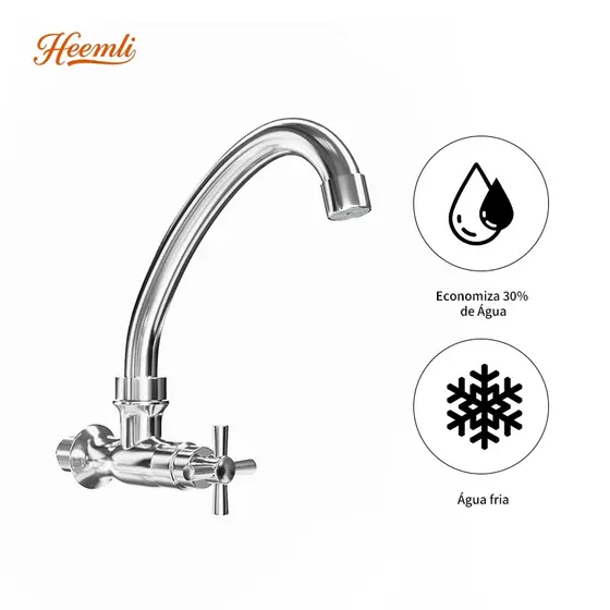 Heemli Torneira de Cozinha Monocomando para Parede com Tubo Curvo - Água Fria, ABS, Cromado e Aerador Economizador