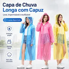 Capa de Chuva Descartável Longa até os Pés, Plástico Resistente Rasgo com Capuz e Punho Elástico