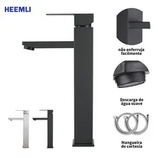 Heemli torneira banheiro inox monocomando Lavabo Saída Alta para Cuba Quadrado Pintura Preta Ajuste Água Quente Fria