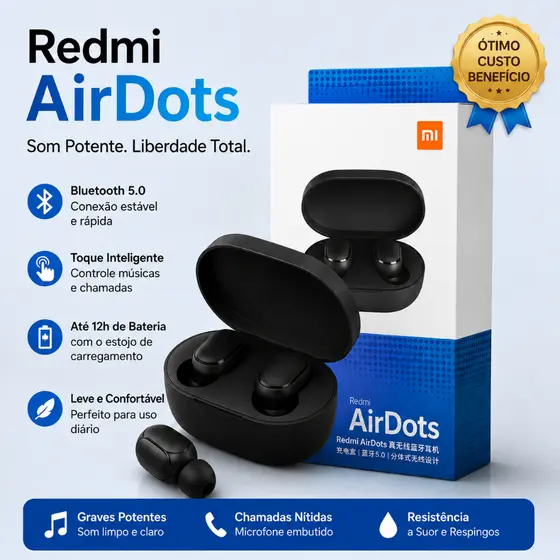 Fone de Ouvido Bluetooth Redmi AirDots TWS, Sem Fio, Alta Qualidade e Longa Duração de Bateria