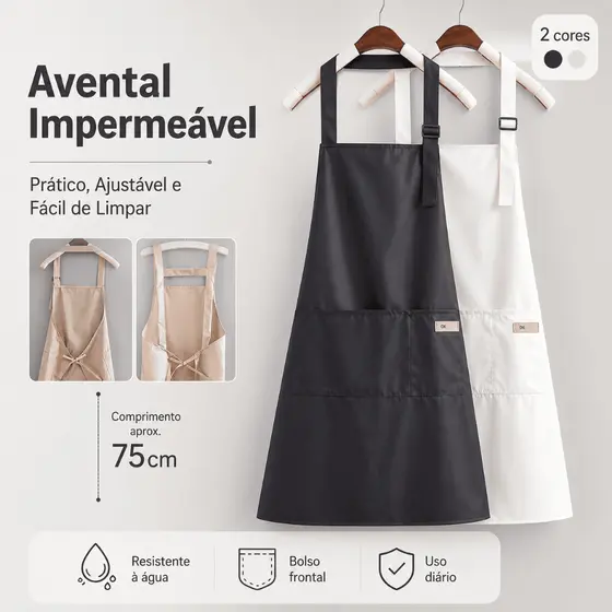 Avental Impermeável Anti-Gordura 75cm Longo, 4 Modelos: Alça Pescoço / Alça Costas com Bolsos