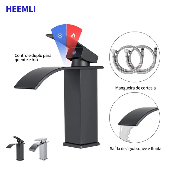 Heemli Torneira de Lavatório Inox Tipo Cascata Curva Baixa Preta de Água Quente e Fria para Banheiro