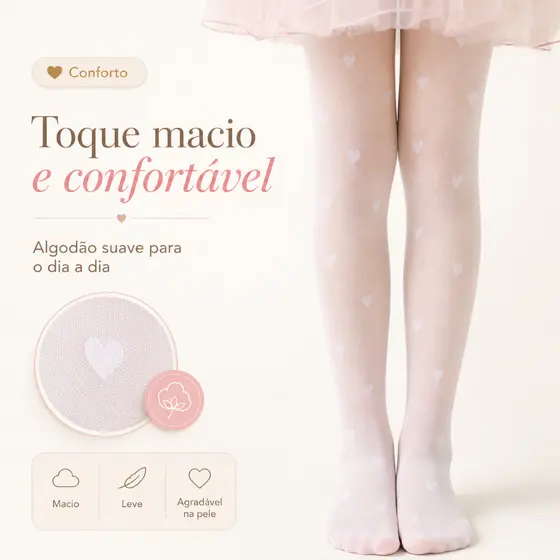 Meia-Calça Infantil Feminina de Algodão com Coração | Confortável para Meninas |Preto, rosa e branco