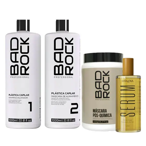 Kit Plástica Capilar Progressiva + Máscara Pos-Química Bad Rock + Sérum Capilar Hanova