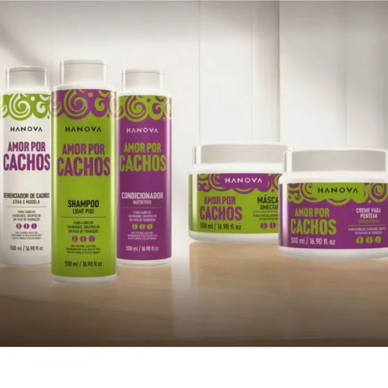 Kit Amor Por Cachos Hanova Light Poo 5X500ML Shampoo Condicionador Gerenciador Mascara e Creme