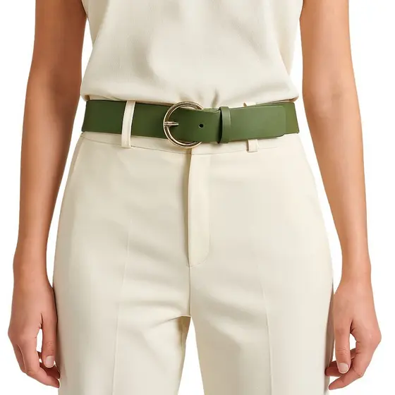 Cinto Feminino de Couro Legítimo Verde com Fivela Redonda Dourada 3 cm de Largura Moda Presente