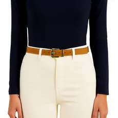 Cinto Feminino Couro Legítimo Marrom Caramelo Fivela Quadrada Rolete Passante Dourado 2cm de Largura