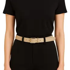 Cinto Feminino Couro Legítimo Bege Fivela Quadrada Rolete Passante Dourado 2,5cm de Largura Moda