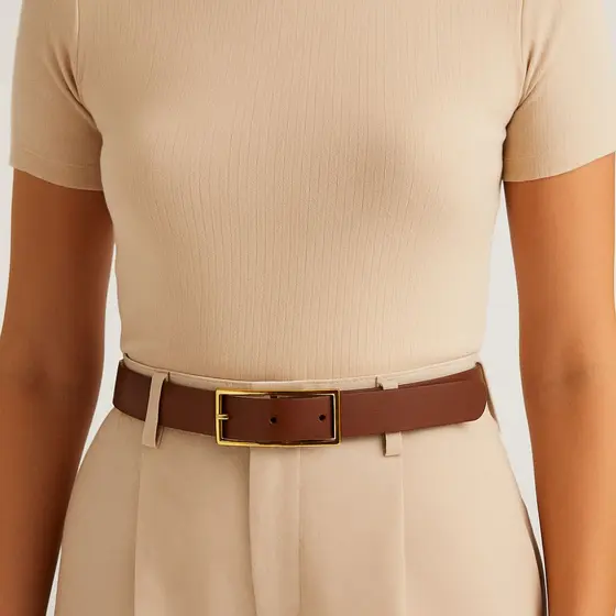 Cinto Feminino de Couro Legítimo Marrom com Fivela Retangular Dourada 2 cm de Largura