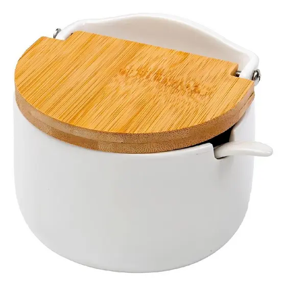 Saleiro De Mesa Em Cerâmica Tampa De Madeira Bianco Lyor
