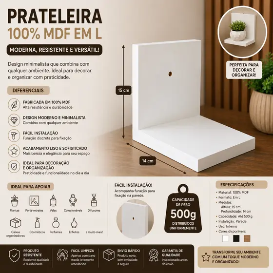 Prateleira / Nicho Decorativa em L 100% MDF Branca Nicho de Parede 15x14 cm