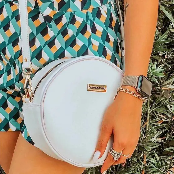 Bolsa de Luxo Feminina Grife Redonda Branca Transversal