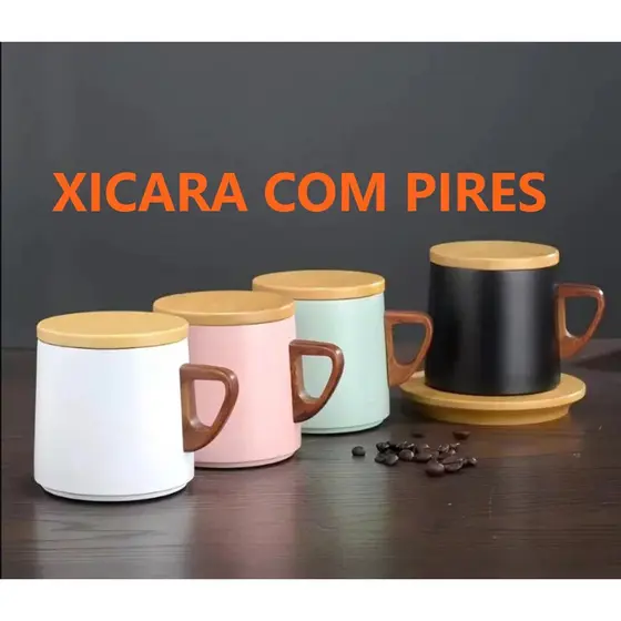 Xicara Térmica com Tampa e Pires de Madeira Café Chá—280ML-1661