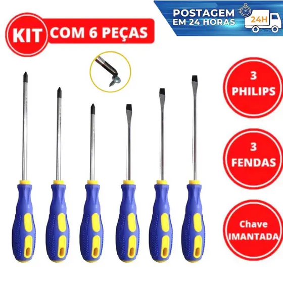 Kit Jogo de Chaves de Fenda e Phillips em Aço com Pontas Imantadas, Cabo Emborrachado Antiderrapante