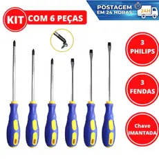 Kit Jogo de Chaves de Fenda e Phillips em Aço com Pontas Imantadas, Cabo Emborrachado Antiderrapante