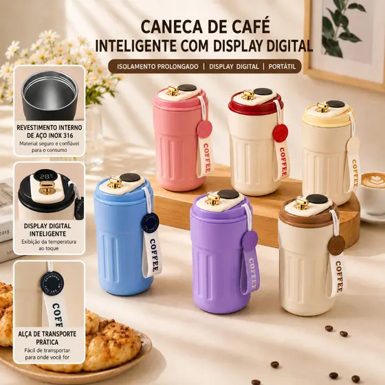 Copo Térmico Cafe Inox Portátil com tampa ,450ml Com LED Temperatura Antivazamento—