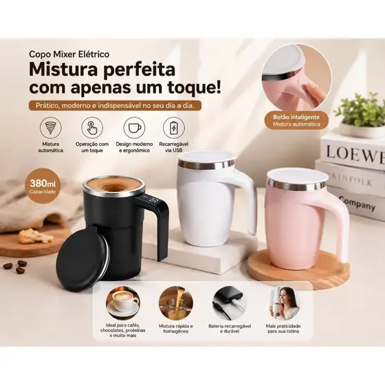 Caneca Mixer Automática Elétrica 380ml, Bateria Recarregável USB, Misturador de Café, Leite e Chocolate