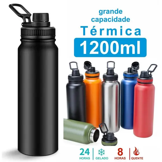 GARRAFA TÉRMICA GRANDE 1,2 LITROS CONSERVA QUENTE 8H E FRIO 12H INOX DUPLA CAMADA  AGUA CAFÉ ACADEMIA TRABALHO