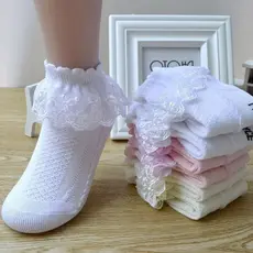 Meia Infantil Babado Cano Curto Babado de Renda Batizado Festa de Aniversário Branca Azul Rosa