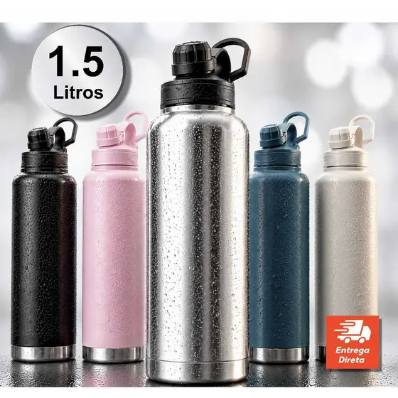 GARRAFA TERMICA GRANDE 1,5 LITROS INOX DUPLA PAREDE, QUENTE FRIO, TAMPA DE ROSCA SQUEEZE ACADEMIA AGUA CAFE