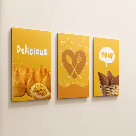 QUADRO DECORATIVO KIT 3 PEÇAS SALGADOS - DECORAÇÃO LANCHONETE/COMÉRCIO